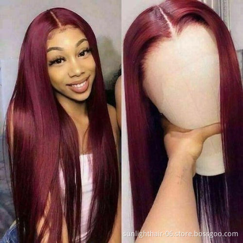 Sunlight wholesale High Quality 99J 13*4lace front wig peruvian hair straight body wave curly Brazilian virgin human hair wig